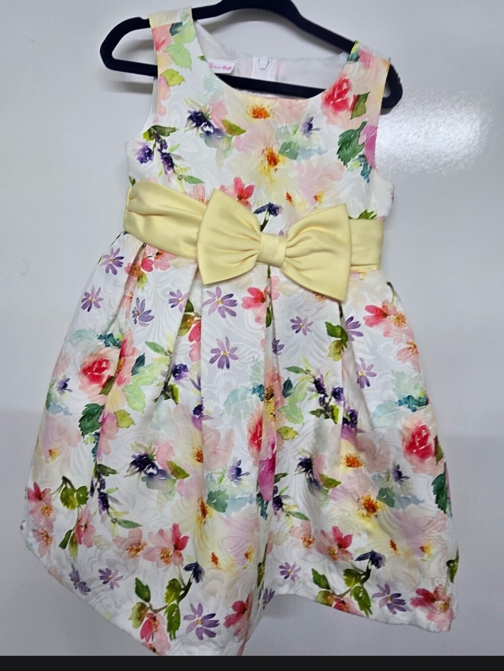 BONNIE JEAN Little Girls Yellow Sleeveless Floral Print Jacguard Dress Satin Bow